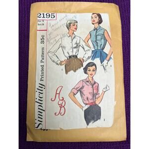 Simplicity 2195 Pattern sleeveless  blouse1950s size 14